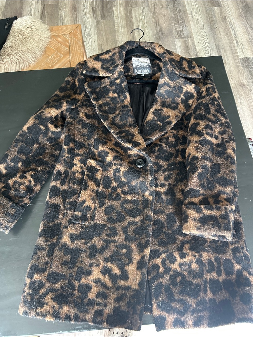 Kensie Leopard-Print Faux Fur Pea Coat in Brown and Black
